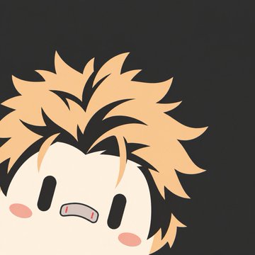 An animated cartoon character with spiky orange hair, blushing cheeks, and a sad or distressed expression on a dark background.