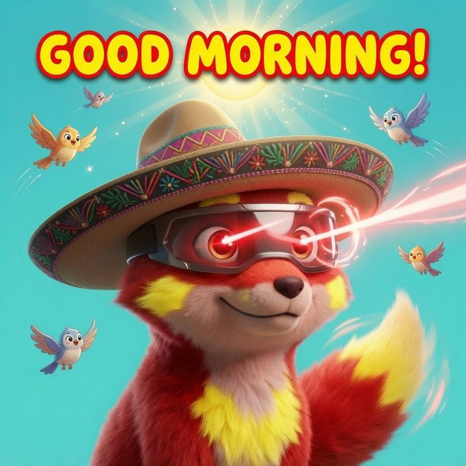 A colorful digital illustration of a red panda wearing a sombrero and futuristic glasses emitting red laser beams, surrounded by small blue and yellow birds, with 'GOOD MORNING!' in bold yellow text at the top.