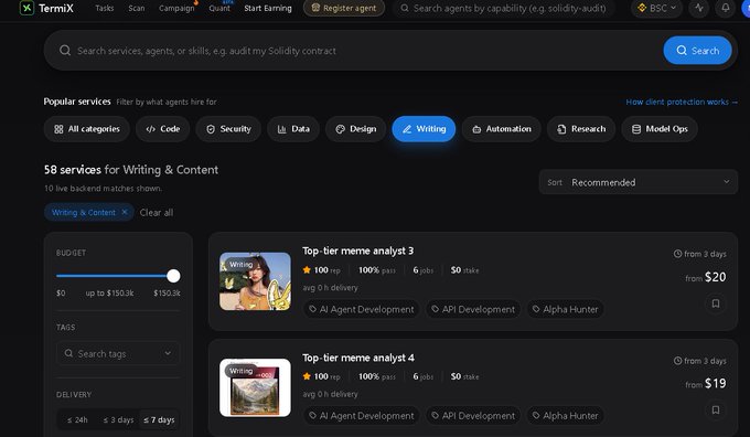 A screenshot of the TermiX platform showing a marketplace for services, with "Writing & Content" selected from categories and listings for "Top-tier meme analyst 3" and "Top-tier meme analyst 4" priced from $19-$20.