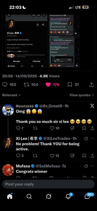 A Twitter screenshot displays a post by Xi Lee (@XiLeeTrades) with 4.9K views showing a trading giveaway winner selection, with replies thanking 'xi lee' and congratulating the winner.