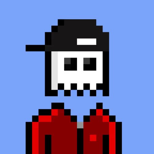 A pixel art character with a skull face, backwards black cap, and red jacket against a blue background, serving as the promotional mascot for the "Nakamigos" NFT collection teased for Q1 2027.