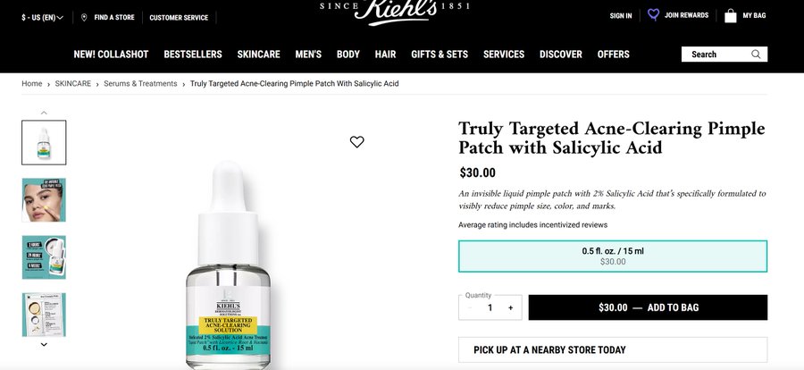A Kiehl's product page showing 'Truly Targeted Acne-Clearing Pimple Patch with Salicylic Acid' priced at $30.00 for a 0.5 fl oz / 15 ml bottle.
