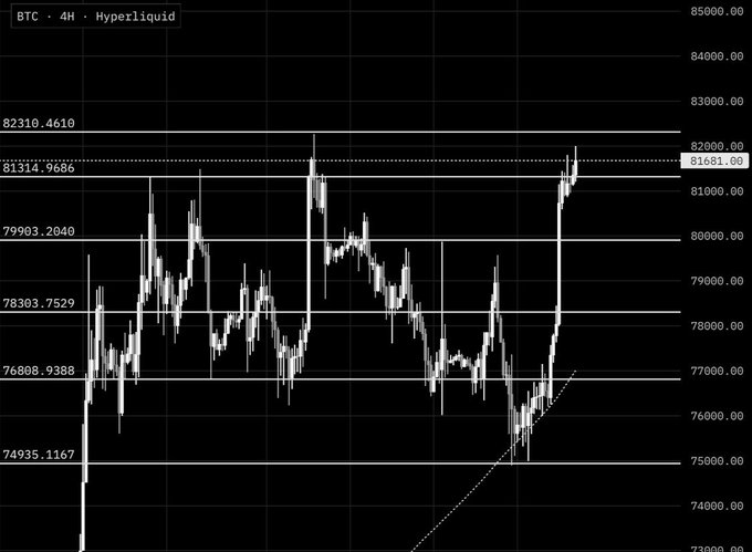 A black-background candlestick chart of 'BTC . 4H . Hyperliquid' showing Bitcoin price action with horizontal levels marked at 76808.9388, 78303.7529, 79903.2040, 81314.9686, and 82310.4610, with current price near $81681.