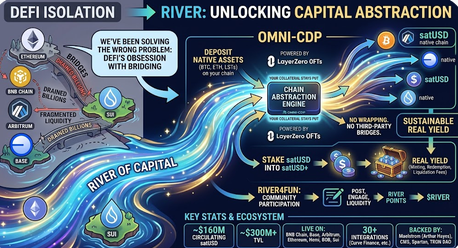 A vibrant promotional graphic for "River: Unlocking Capital Abstraction" contrasts DeFi Isolation—labeled as "Bridges," "Wrapped," "Drained Balloons," and "Fragmented Liquidity"—with River's OMNI-CDP system powered by satUSD (BSB), satUSD+, and satUSDe, highlighting features like zero wrapping, third-party dependency elimination, and real yield. The bottom banner showcases impressive stats: $160M circulating, $300M+ TVL, 100K+ live on-chain users, 30+ integrations, and backing by Coinbase, Lombard, CMS, and Galaxy, reinforcing the post's thesis that bridging alone has failed to solve liquidity fragmentation in DeFi.