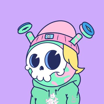 A cartoonish skull-headed character with large blue eyes, wearing a pink beanie and a green hoodie, is shown against a purple background. The image fits the post's "GM friends" vibe as a fun, whimsical NFT-style avatar from the @quirkiesnft collection mentioned.
