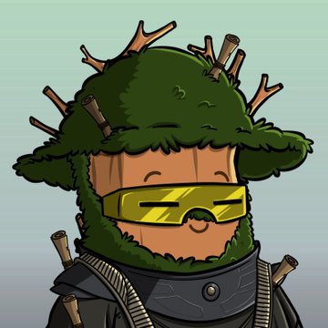An illustrated character wearing green foliage camouflage, yellow sunglasses, and carrying sticks/arrows, smiling with closed eyes.
