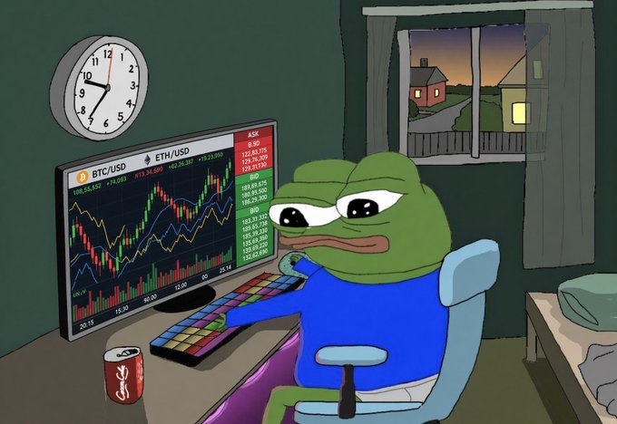 An illustration of a sad Pepe the Frog character wearing sunglasses and a blue shirt, sitting at a desk looking at cryptocurrency charts showing BTC/USD and ETH/USD.