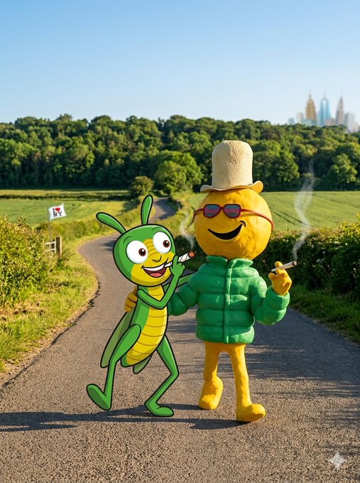 Two cartoon characters—a green bug-like creature and a yellow smiley face wearing a green puffer jacket, hat, and sunglasses—walking down a country road while smoking cigarettes.
