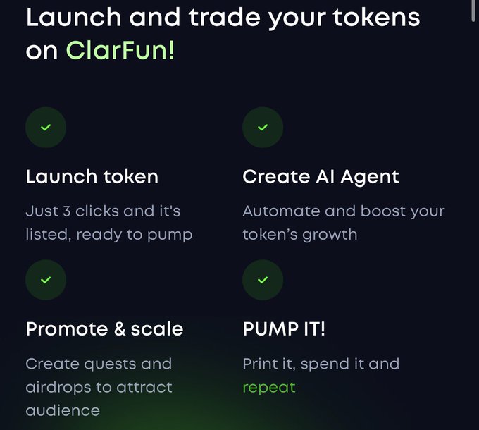 The image features an information about launching tokens on Clarnium. The text displays the details of how one can launch tokens using the platform, including automated trading and promoting them for scale.