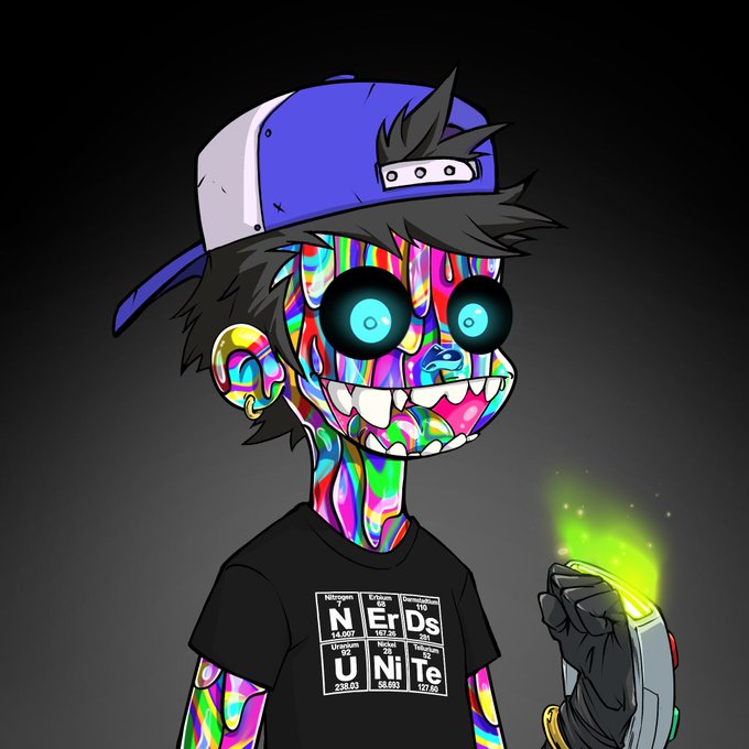 A colorful cartoon character with rainbow-patterned skin, glowing cyan eyes, and a 'NiErDs U Ni Te' periodic-table t-shirt holds a glowing green shard.