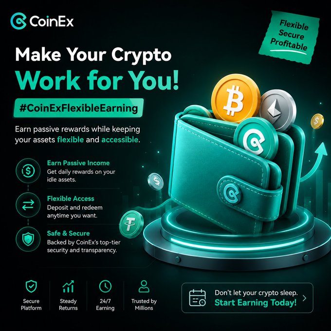 A CoinEx promotional graphic titled 'Make Your Crypto Work for You!' with the hashtag #CoinExFlexibleEarning, highlighting features like earning passive income, flexible access, and safe & secure holdings, with a tagline 'Don't let your crypto sleep. Start Earning Today!'