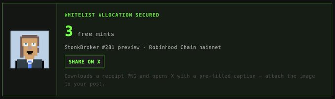 A receipt-style graphic confirms "Whitelist Allocation Secured" for 3 free mints of StonkBroker #281 on Robinhood Chain mainnet. It complements the post's message by showcasing a tangible onchain benefit—rewarding genuine users with real allocations rather than empty hype, reinforcing $INDEX's and $STONKBROKER's focus on building sticky products that grow the ecosystem.