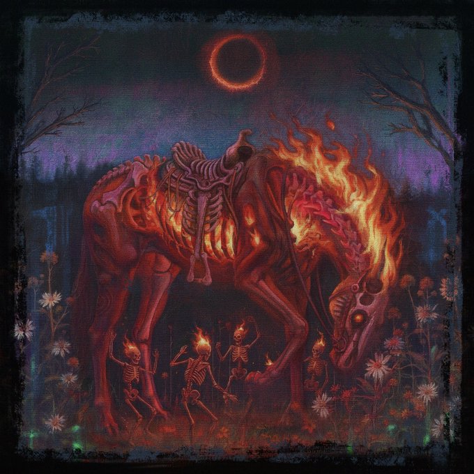 The image features a painting depicting a skeleton horse with flames coming out of its head, surrounded by flowers. The artist has also included the year "1868" in the caption. This artwork seems to be inspired by the famous painting "The Burning Horse" by Edvard Munch, which was created in 1868. The post highlights this connection and emphasizes the significance of the piece as a tribute to the original work.