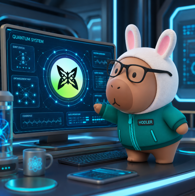 A 3D-rendered cartoon character in a white bunny hood, glasses, and a teal hoodie labeled 'HODLER' stands at a futuristic quantum system monitor displaying a butterfly logo with metrics like 'QUBIT STATUS', 'ENTANGLEMENT MAP', and 'GATE OPERATIONS'.