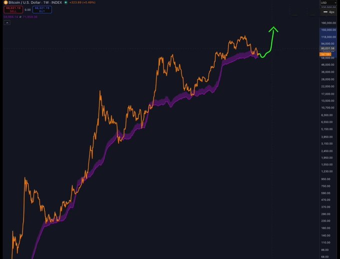 A weekly Bitcoin/USD price chart shows BTC trading at $66,921.10 (up +0.45%), with the price bouncing off the purple moving average and a green arrow indicating an anticipated move toward the $94,000–100,000 resistance zone.