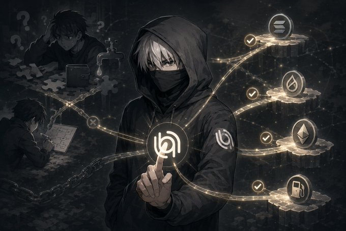 An anime-style illustration shows a hooded figure pointing to a central symbol, with smaller scenes of a confused man and connected icons representing various blockchain/crypto features.