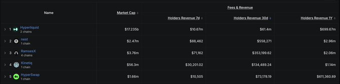 A cryptocurrency data table showing rankings of Hyperliquid, Injective, RamestX, Kava, and HyperSwap chains with their Market Cap, Holders Revenue 7d, 30d, and 1Y figures.