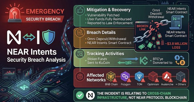 The image is an infographic titled "NEAR Intents Security Breach Analysis," showing a ~$3.8 million loss linking the "Omni Deposit/Withdrawal" to the "NEAR Intents Smart Contract," with stolen funds tracked to KuCoin, converted to BTCe, and affecting networks including BNB Chain, Polygon, TON, Optimism, and Avalanche. A side note clarifies that the incident relates to cross-chain infrastructure rather than the NEAR Protocol blockchain itself.