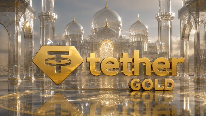 A promotional graphic for Tether Gold featuring the company's gold logo alongside the wordmark 'tether GOLD' set against an ornate, golden domed palace background.