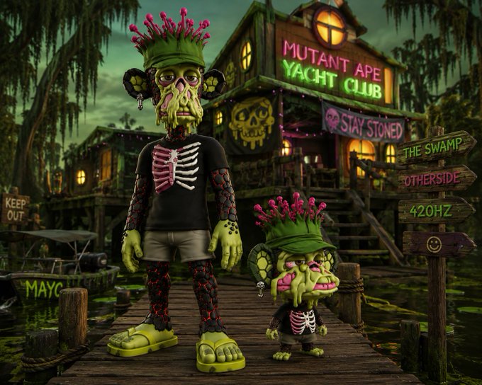 A 3D render of two green mutant ape characters with pink coral-like growths, standing on a wooden dock in front of a building with a neon sign reading 'MUTANT APE YACHT CLUB' and 'STAY STONED'.