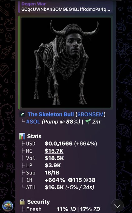 A crypto trading interface showing a token called 'The Skeleton Bull' ($BONSEM) on the SOL network, displayed with a 3D skeleton bull graphic and listing stats like Market Cap at $15.7K and a +664% price increase.