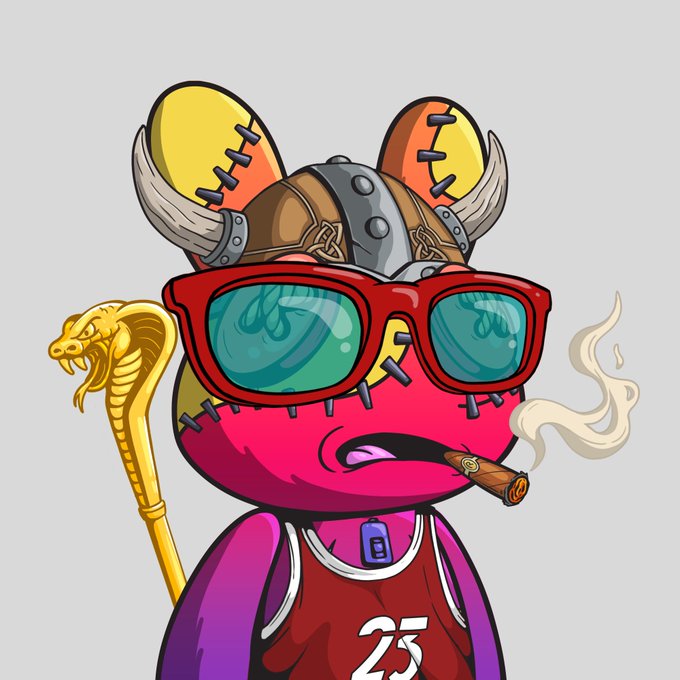 A cartoon-style digital illustration of a red, stitched-together character wearing a Viking helmet with orange/yellow horns, red sunglasses, a basketball jersey with the number 23, smoking a cigar, and holding a golden cobra cane.