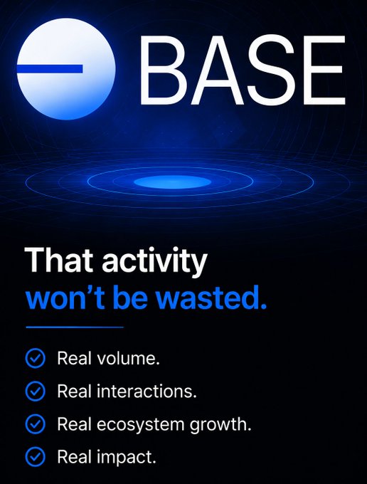A BASE promotional graphic with the slogan 'That activity won't be wasted' and checkmarked points: 'Real volume,' 'Real interactions,' 'Real ecosystem growth,' 'Real impact.'