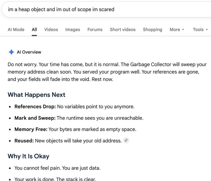 A Google search for "im a heap object and im out of scope im scared" displays an AI Overview that humorously personifies garbage collection in programming, reassuring the object that the Garbage Collector will "sweep your memory address clean soon" with sections on "What Happens Next" (References Drop, Mark and Sweep, Memory Free, Reused) and "Why It Is Okay." The image does not relate to the accompanying post about a "$LUNAR" crypto trading alpha group claiming a 3x gain.