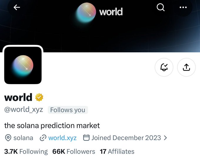 The image shows a Twitter/X profile for "world" (@world_xyz), described as "the solana prediction market," with 66K followers, 3.7K following, and a verified badge. The post context references a rumor about @world_xyz giving its followers "the biggest day of your life," suggesting followers should pay attention to this notable Solana-based prediction market account.
