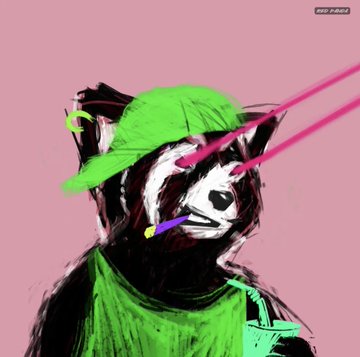 A neon pink-hued digital painting of a bear (panda) wearing a green cap and holding a green drink, with pink laser beams shooting from its eyes—matching the post's reference to "Farmcade Pandas," bulls, and a "Green drink."