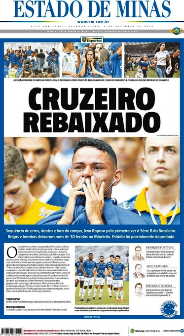 The front page of the Brazilian newspaper "ESTADO DE MINAS" features the headline "CRUZEIRO NO BAIXADO" with a photo of soccer player Raposa, covering the Série B match against Mineirão.