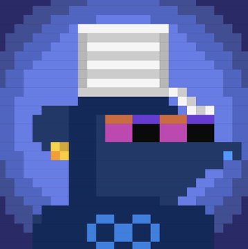 A pixel art style illustration depicts the back of a character's head with dark blue hair featuring a white striped hair clip and colorful hair accessories against a purple background.