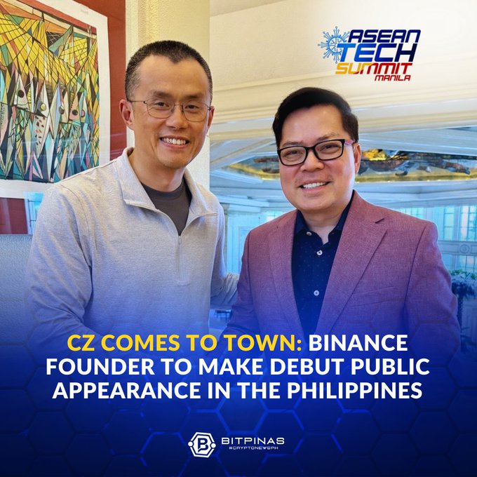Two men posing together at the ASEAN TECH Summit in Manila, with overlay text reading 'CZ COMES TO TOWN: BINANCE FOUNDER TO MAKE DEBUT PUBLIC APPEARANCE IN THE PHILIPPINES' from BitPinas.