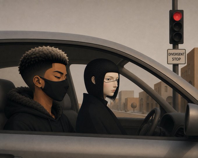 A digital illustration of a young man in a face mask and a woman in a beanie sitting in a car stopped at a red traffic light.