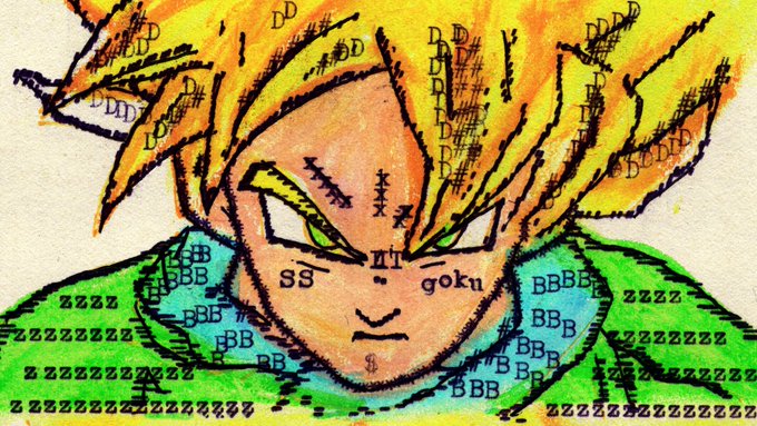 A hand-drawn marker and watercolor illustration of a Super Saiyan-style anime character with spiky yellow hair, green eyes, and a green outfit, overlaid with ASCII-style symbols and the words 'SS', 'goku', 'DDDD', and 'ZZZZZZZ'.