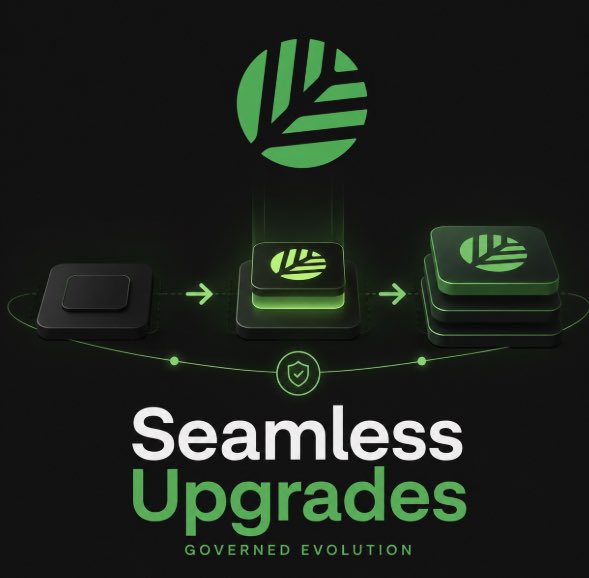A digital graphic promoting 'Seamless Upgrades - Governed Evolution' with green leaf logos and a flowing design showing platform upgrades.