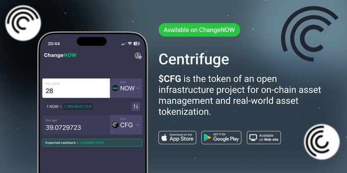 The image shows a cell phone displaying an app called "centrifuge" that allows users to tokenize assets, manage them through infrastructure projects, and access DeFi liquidity. The app has been launched as part of ChangeNOW, which is available for download on the App Store. The post also mentions that the app is available in two languages: English and Spanish.