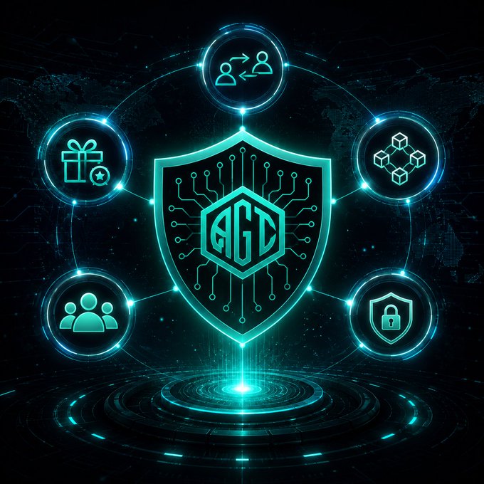 A futuristic, neon-blue digital graphic featuring a central shield with the letters 'AGD' surrounded by circuit board patterns and connected to icons representing user exchange, rewards, community, and security.
