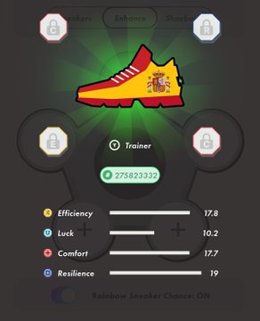 A mobile game screen showing a trainer item for a soccer cleat with stats: Efficiency 17.8, Luck 10.2, Comfort 17.7, Resilience 19, with Rainbow Sneaker Chance: ON.