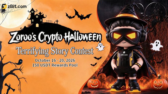 A Halloween-themed promotional graphic for zBit.com's "Zorro's Crypto Halloween Terrifying Story Contest," running October 16-20, 2026, with a 150 USDT rewards pool, featuring a masked character in a spooky setting with bats, a haunted house, and jack-o'-lanterns.
