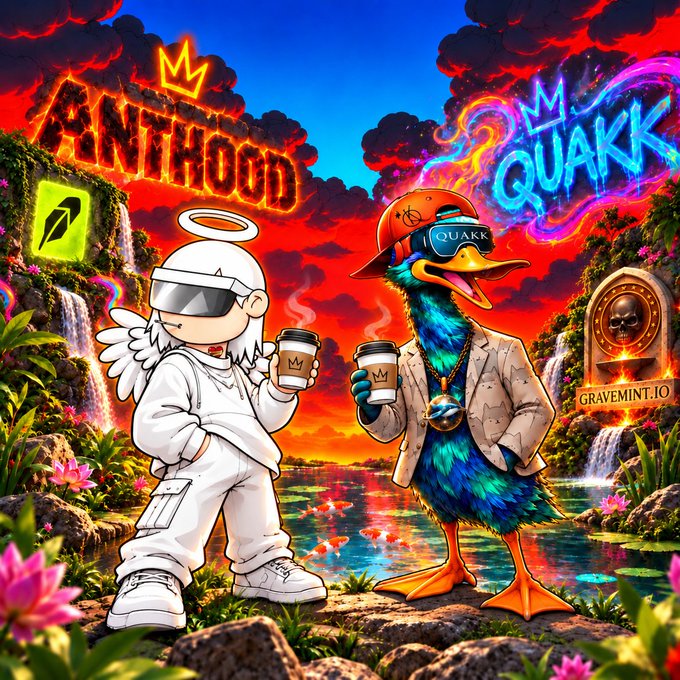 A vibrant digital artwork features an angel-like figure with a crown and sunglasses alongside a duck character wearing a cap and blazer, labeled "ANIHOOD" and "QUAKK" with "GRAVEMINT.IO" text on a tombstone.
