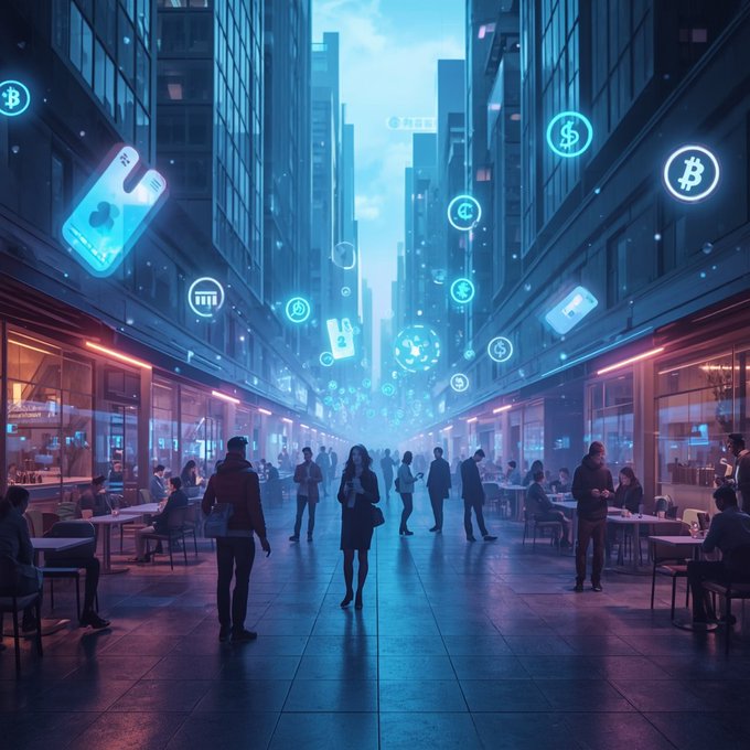 The image depicts a busy city street with numerous people walking around, some carrying handbags or backpacks. The scene also includes several chairs placed throughout the area for seating. In the background, there are buildings that appear to be office spaces, suggesting an urban environment where various businesses and financial institutions might operate. The presence of digital payment symbols in the image indicates a focus on modern technology and its impact on daily life, including how people make transactions and manage their finances.

The post about digital payments and new financial tools is likely related to this scene as it highlights the integration of technology into everyday activities, such as shopping or dining out at restaurants. The use of digital payment methods like Bitcoin can be seen in some areas of the image, which further emphasizes the theme of modern advancements in finance and commerce.
