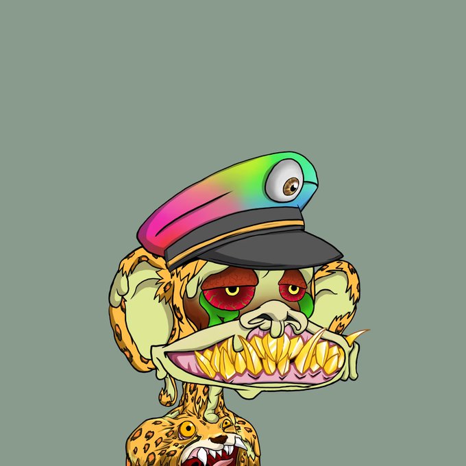 A surreal cartoon illustration of a grotesque, yellow-skinned character with bulging red eyes, a wide mouth full of fangs, and a colorful rainbow-hued military cap with a single large eye on top.