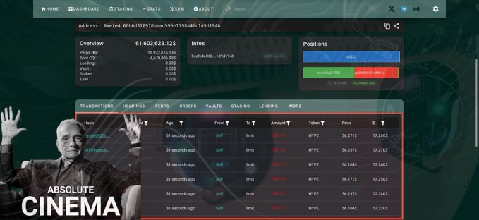 The image shows a Hyperliquid dashboard for the wallet address "0xef4c4b06d338978bea4596c17984fcfd93f94b," displaying an account value of $61,603,623.12 with multiple small-limit sell orders for HYPE at prices around $17.23-$17.36, alongside a "Loracle" meme image captioned "ABSOLUTE CINEMA."

The screenshot supports the post by visualizing the trader's expanding $HYPE short position, with numerous recent sell orders corroborating the claim that Loracle is actively adding to his ~$29M short position currently at -$1.8M unrealized PnL.