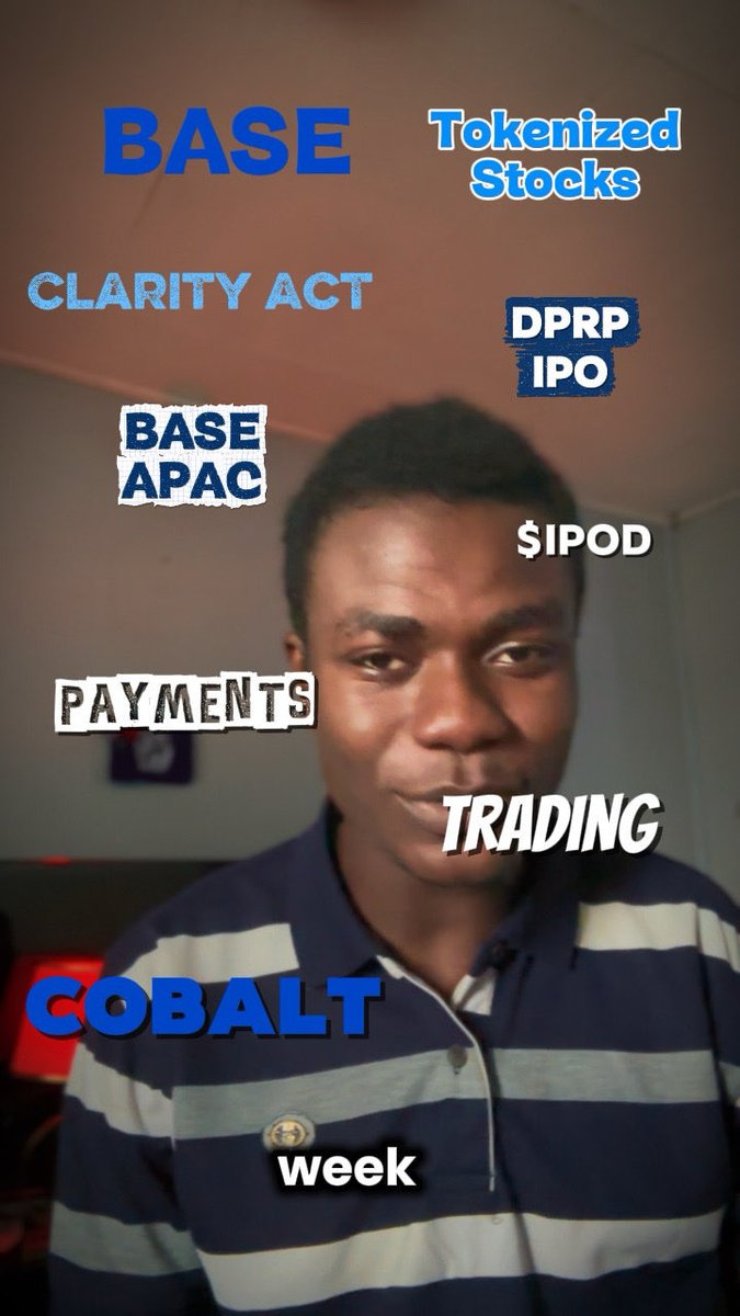 A young man in a blue and white striped polo shirt in a dimly lit room, surrounded by floating text overlays including BASE, CLARITY ACT, Tokenized Stocks, BASE APAC, DPRP IPO, $IPOD, PAYMENTS, TRADING, COBALT, and week.