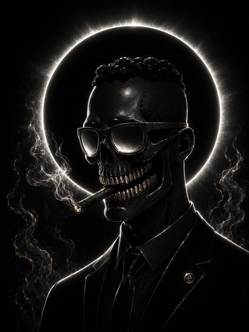 A dark, stylized illustration of a suited figure with a skull-like face, sunglasses, and a cigar, set against a glowing eclipse halo with swirling smoke. The "gn" (good night) caption and end-of-day sentiment align with the ominous, after-dark mood conveyed by the shadowy, nocturnal imagery.