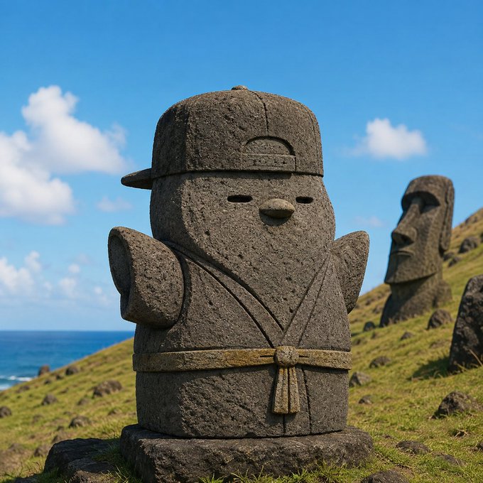 A weathered stone statue wearing a flat-brimmed cap and tied robes stands on a grassy hillside, resembling a Moai figure, with similar statues and the ocean visible in the background.