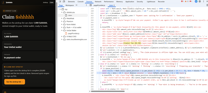 A split-screen of a Unisat wallet claiming 1,000 $shhhhh tokens on the left, paired with browser DevTools on the right showing the claim page's JavaScript source code, highlighting a fixed 1.5% creator fee deduction built into the airdrop claim logic.