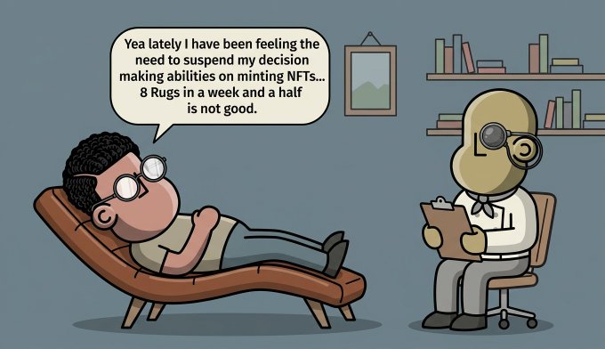 Cartoon of a therapy session where a patient says 'Yea lately I have been feeling the need to suspend my decision making abilities on minting NFTs... 8 Rugs in a week and a half is not good.'