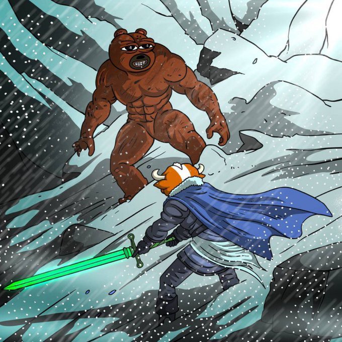 A hooded warrior wielding a glowing green sword faces off against a giant muscular bear in a snowy, jagged landscape—visually symbolizing the "stocks vs. crypto" battle referenced in the post, where the bear represents a looming market downturn and the sword-wielding figure embodies bullish resilience. The post compares the current setup (with $BTC at a fib/RSI confluence and a $QQQ fractal) to late March, suggesting a potential repeat where crypto makes a higher low while stocks rebound.